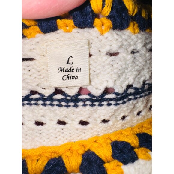 Francesca's Alya Bethenney Crochet Stitch Cream, Navy Yellow Sweater L Open Knit - Picture 5 of 9